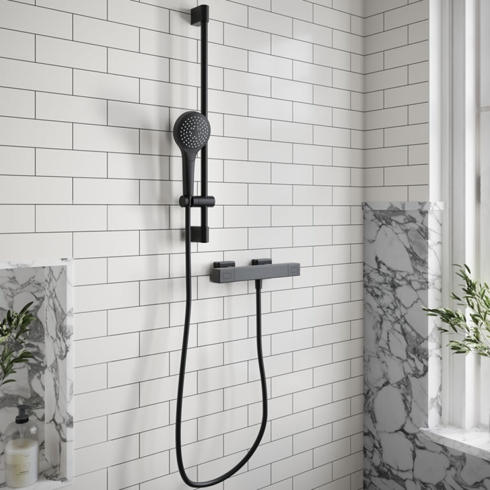 Lifestyle image of Villeroy & Boch Matt Black Thermostatic Square Exposed Shower Set